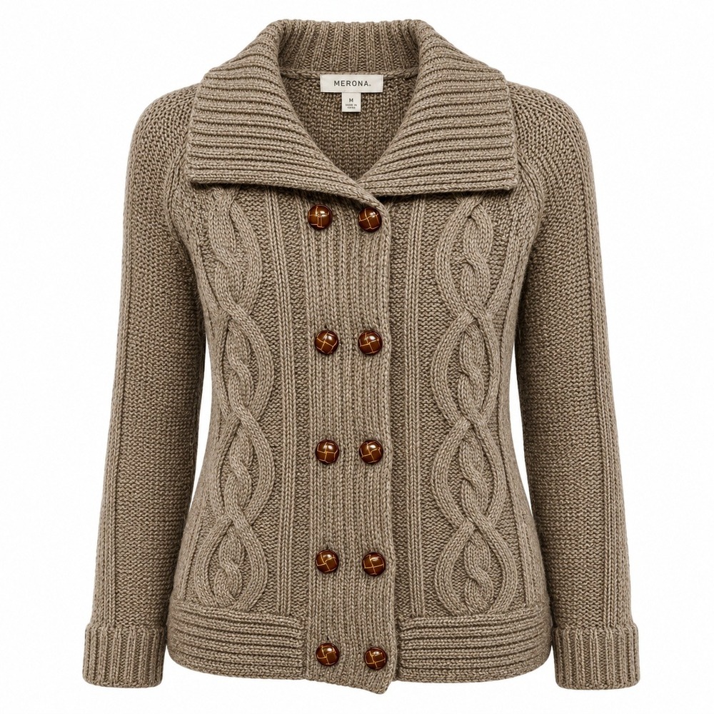 Old Money Fisherman Cable Knit Wool Cardigan Womens Medium Preppy Granola Girl - Picture 1 of 8